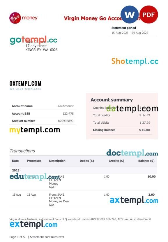 United Kingdom Virgin Money Go Account Bank Statement template in Word and PDF format United Kingdom Virgin Money Go Account Bank Statement template in Word and PDF format