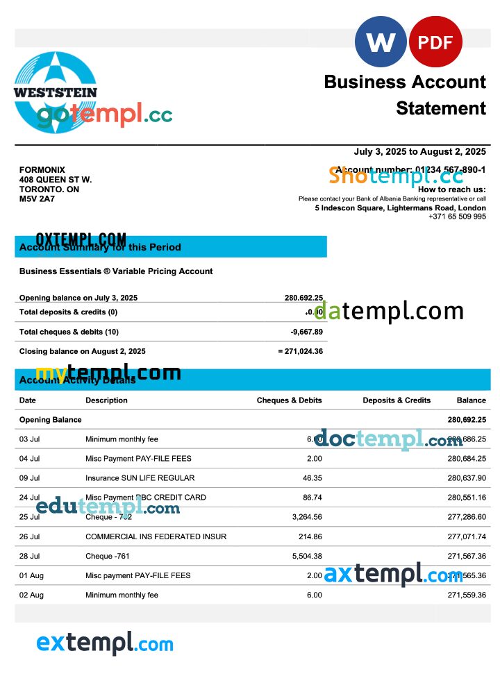 United Kingdom WestStein organization checking account statement Word and PDF template United Kingdom WestStein organization checking account statement Word and PDF template