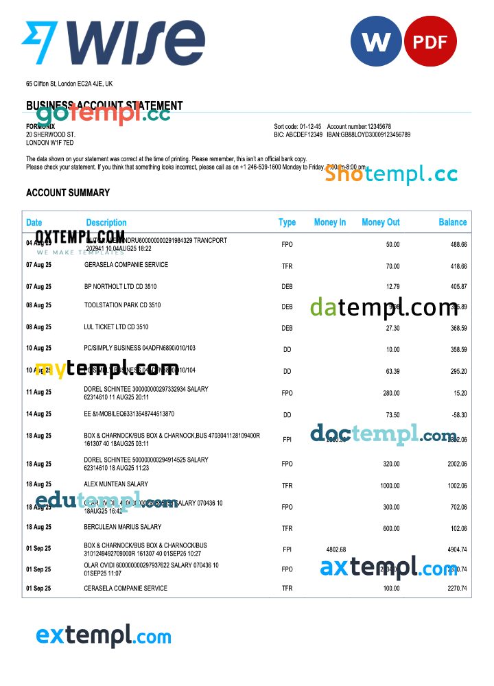 United Kingdom Wise enterprise statement Word and PDF template United Kingdom Wise enterprise statement Word and PDF template
