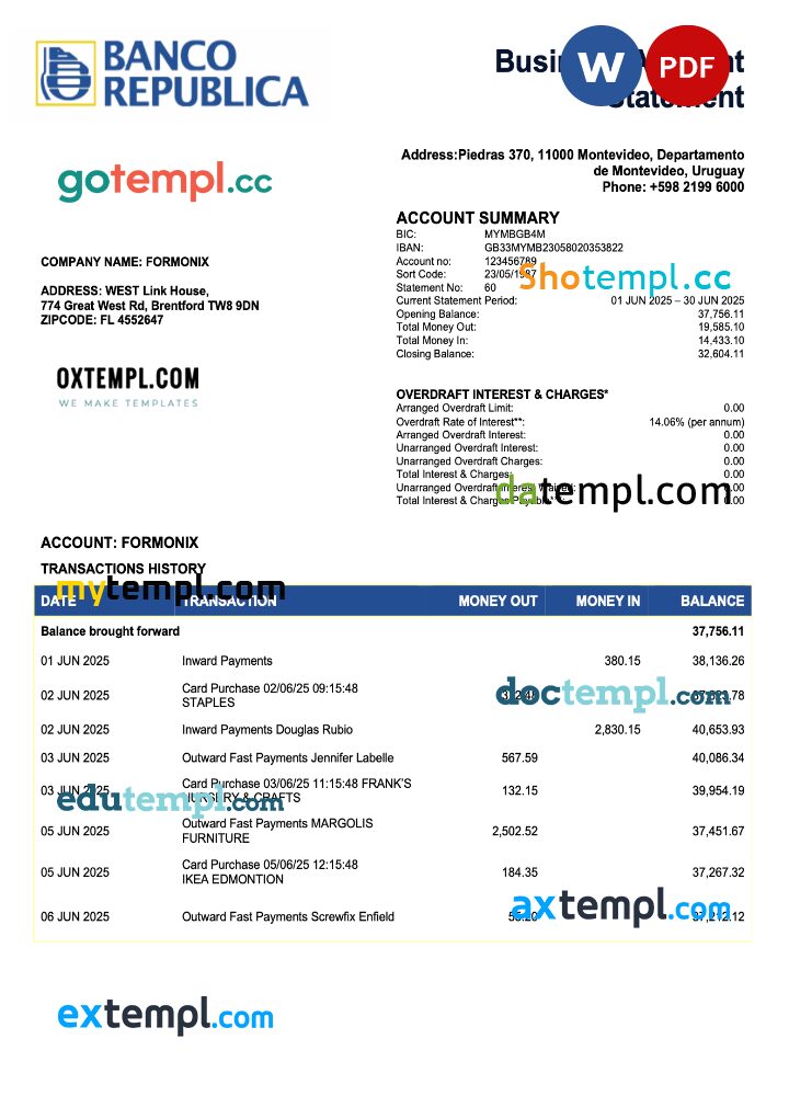 Uruguay Banco De La Republica Oriental Del Uruguayan corporate checking account statement Word and PDF template Uruguay Banco De La Republica Oriental Del Uruguayan corporate checking account statement Word and PDF template