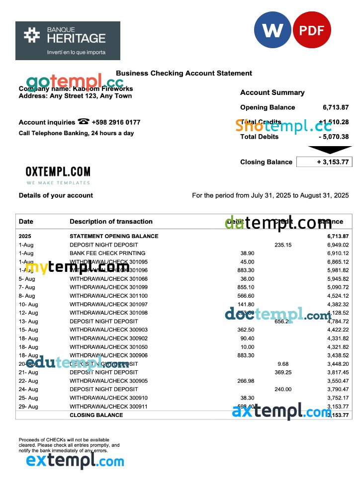 Uruguay Banque Heritage firm account statement Word and PDF template Uruguay Banque Heritage firm account statement Word and PDF template