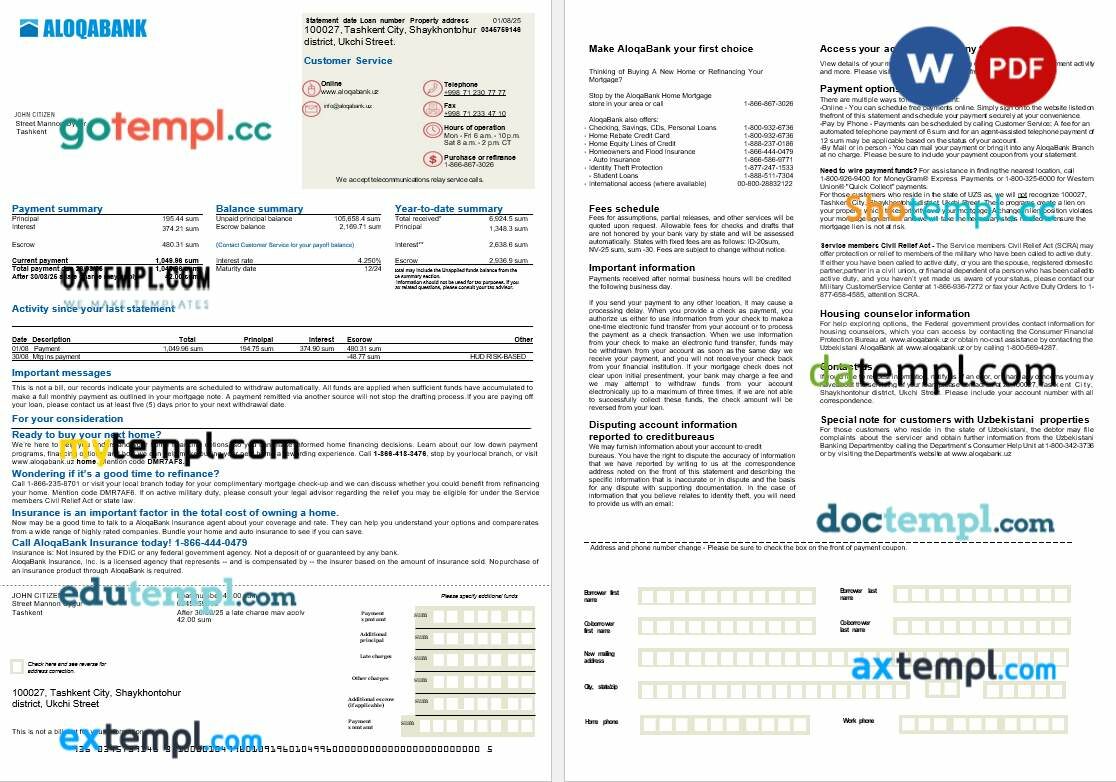 Uzbekistani Aloqabank mortgage statement in Word and PDF formats, 2 pages Uzbekistani Aloqabank mortgage statement in Word and PDF formats, 2 pages