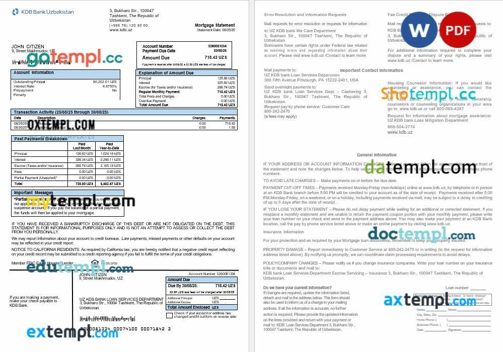 Uzbekistani KDB Bank mortgage statement in Word and PDF formats Uzbekistani KDB Bank mortgage statement in Word and PDF formats