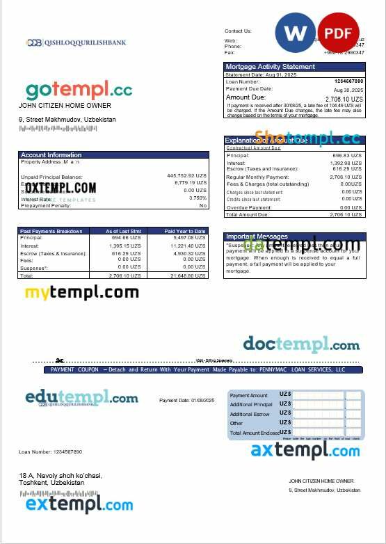 Uzbekistani Qishloq Qurilish Bank mortgage statement in Word and PDF formats Uzbekistani Qishloq Qurilish Bank mortgage statement in Word and PDF formats