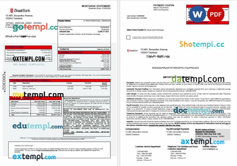 Uzbekistani Ziraat Bank mortgage statement in Word and PDF formats Uzbekistani Ziraat Bank mortgage statement in Word and PDF formats