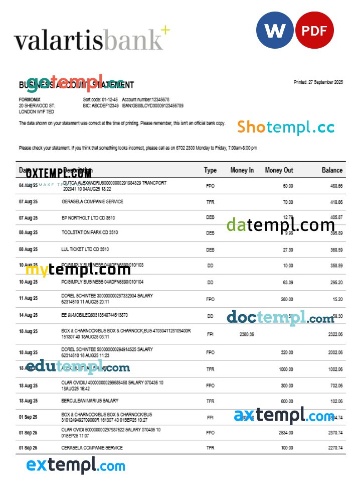 Valartis organization checking account statement Word and PDF template Valartis organization checking account statement Word and PDF template