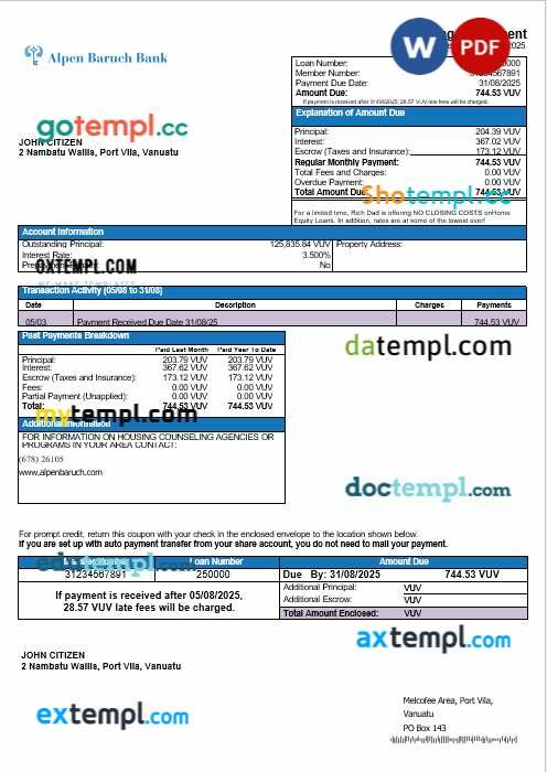 Vanuatu Alpen Baruch Bank mortgage statement in Word and PDF formats Vanuatu Alpen Baruch Bank mortgage statement in Word and PDF formats
