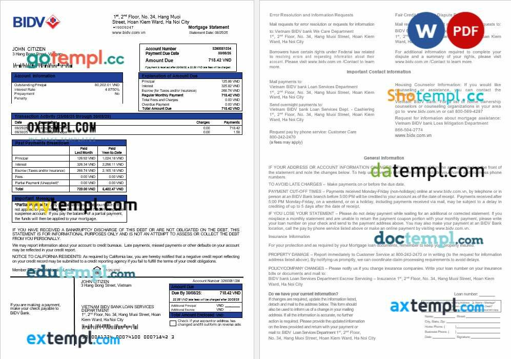Vietnam BIDV bank mortgage statement in Word and PDF formats