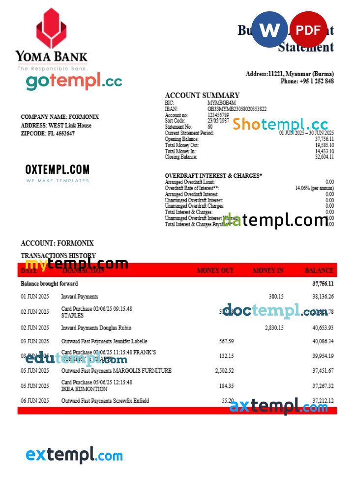 Yoma organization checking account statement Word and PDF template Yoma organization checking account statement Word and PDF template