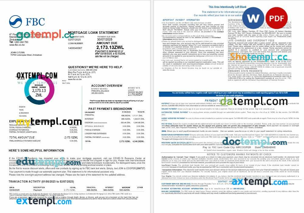 Zimbabwe FBC Bank mortgage loan statement in Word and PDF formats, 4 pages