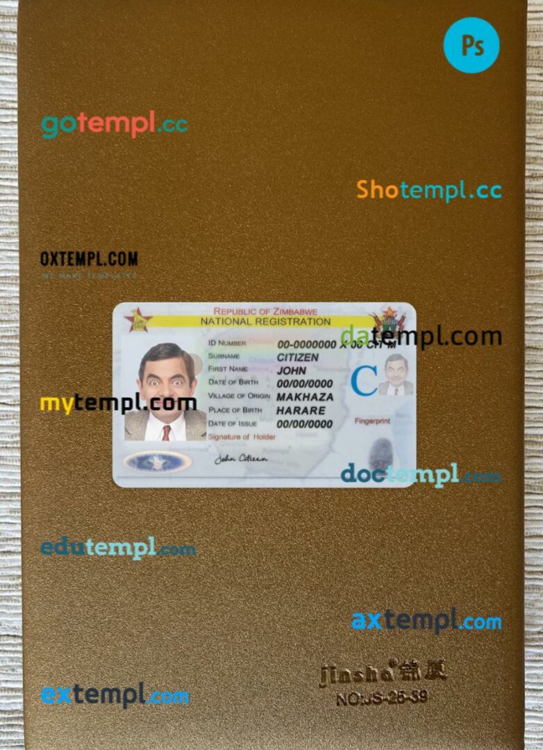 Zimbabwe national registration ID card editable PSD files, scan look and photo-realistic look, 2 in 1 Zimbabwe national registration ID card editable PSD files, scan look and photo-realistic look, 2 in 1