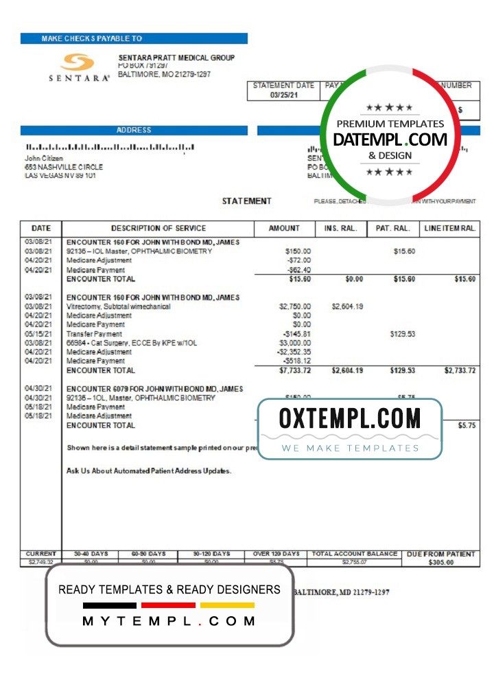 USA Sentara Pratt Medical Group billing statement example in Word and PDF format USA Sentara Pratt Medical Group billing statement example in Word and PDF format
