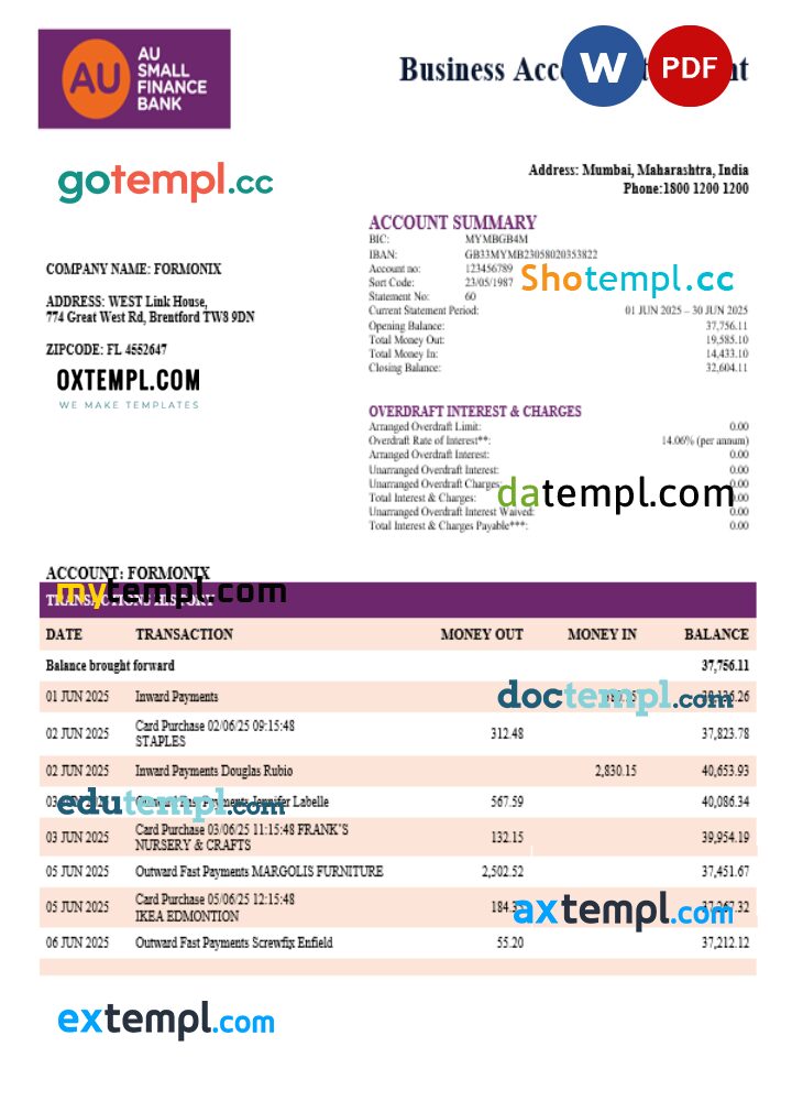 AU Small Finance enterprise account statement Word and PDF template AU Small Finance enterprise account statement Word and PDF template