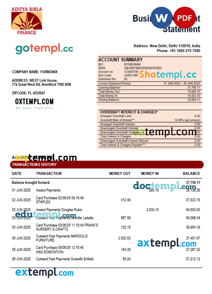Aditya Birla Finance Ltd bank enterprise account statement Word and PDF format Aditya Birla Finance Ltd bank enterprise account statement Word and PDF format