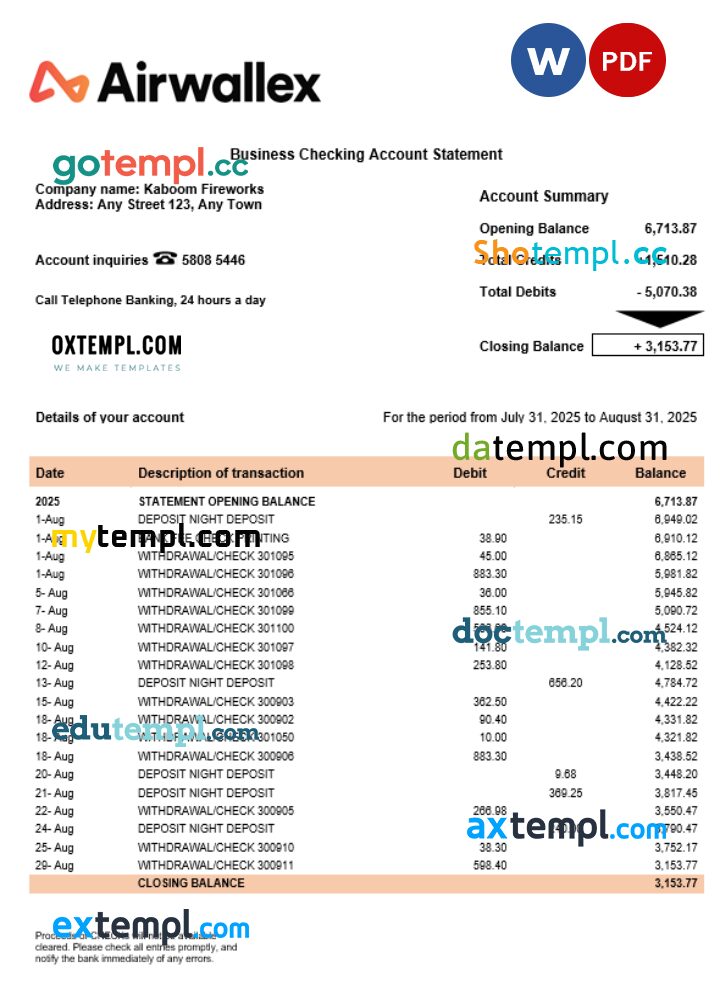 Airwallex Limited organization checking account statement Word and PDF format Airwallex Limited organization checking account statement Word and PDF format
