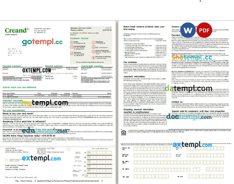 Andorra Creand Credit Andorra bank mortgage statement, editable template in PDF and Word Andorra Creand Credit Andorra bank mortgage statement, editable template in PDF and Word