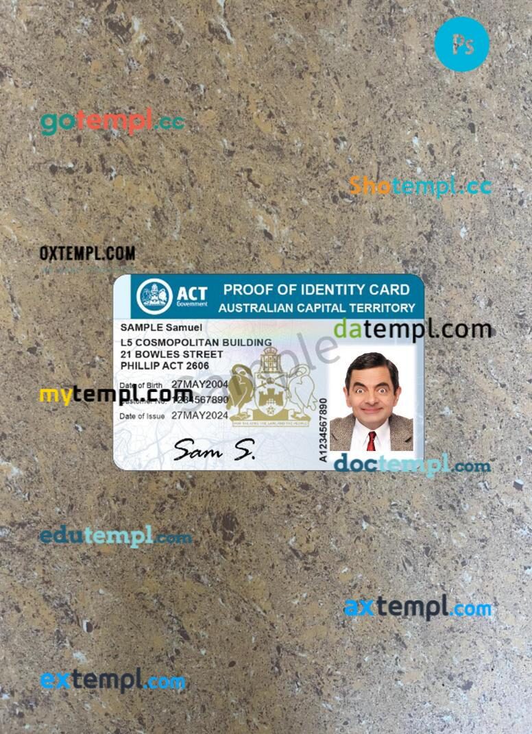 Australia Capital Territory proof of ID card PSD files, scan and photo taken image, 2 in 1 Australia Capital Territory proof of ID card PSD files, scan and photo taken image, 2 in 1