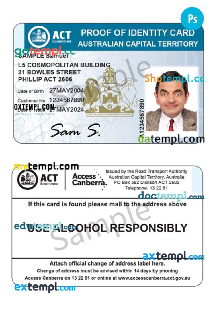 Australia Capital Territory proof of ID card template in PSD format