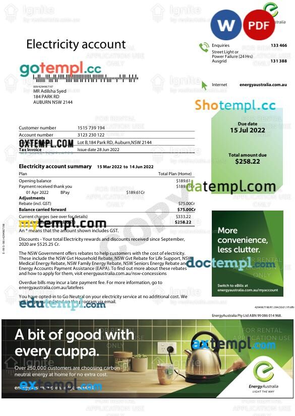Australia electricity utility bill in Word and PDF format Australia electricity utility bill in Word and PDF format