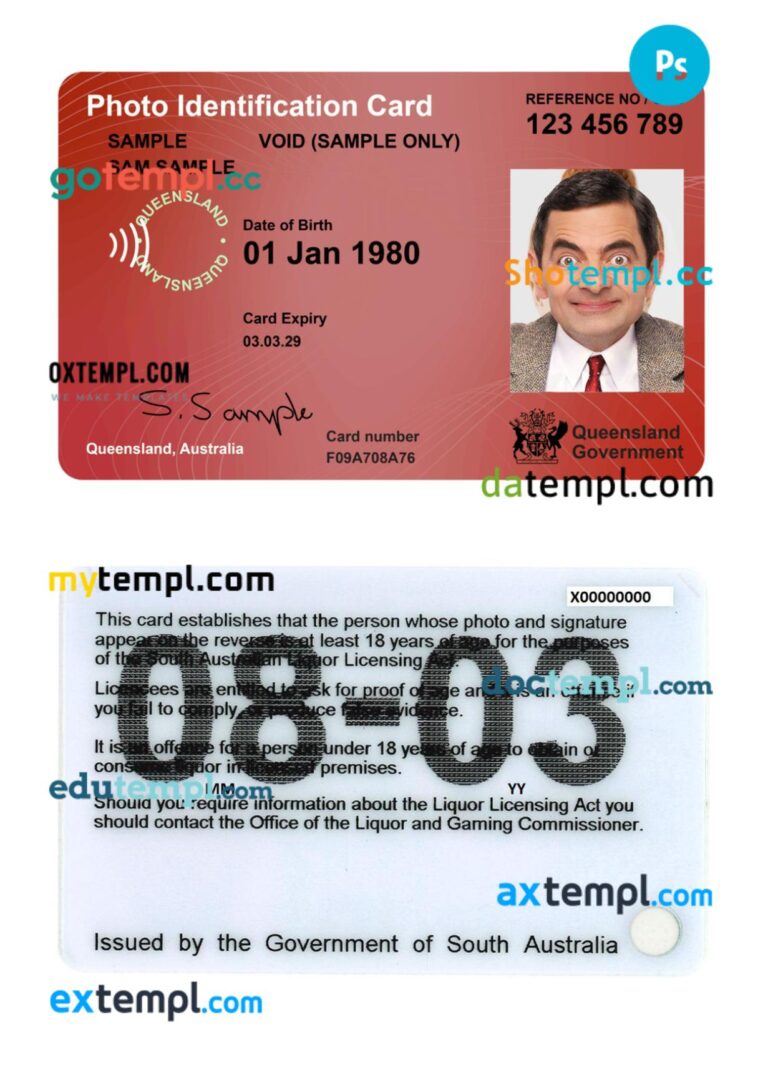 Australia Queensland proof of age photo card template in PSD format