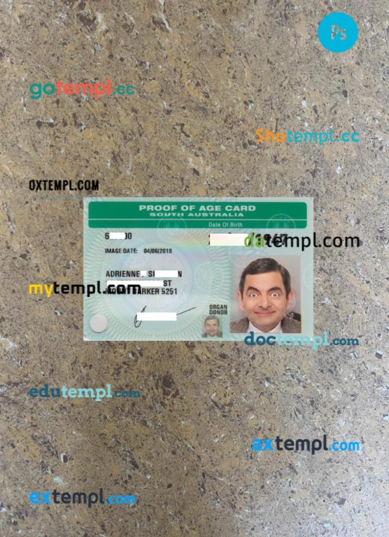Australia South Australia proof of age card PSD files, scan and photo taken image, 2 in 1 Australia South Australia proof of age card PSD files, scan and photo taken image, 2 in 1
