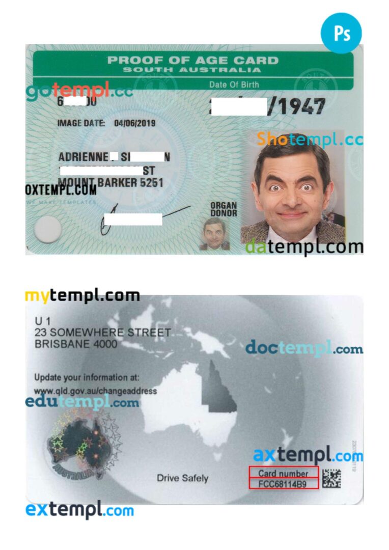 Australia South Australia proof of age card template in PSD format