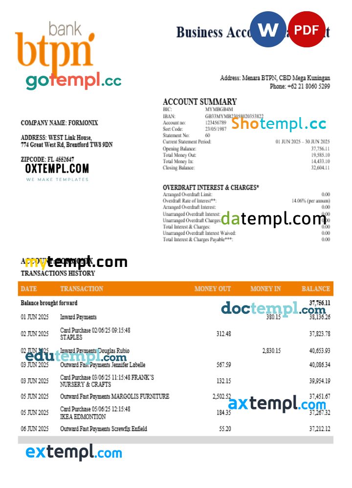 BTPN business bank statement Word and PDF format