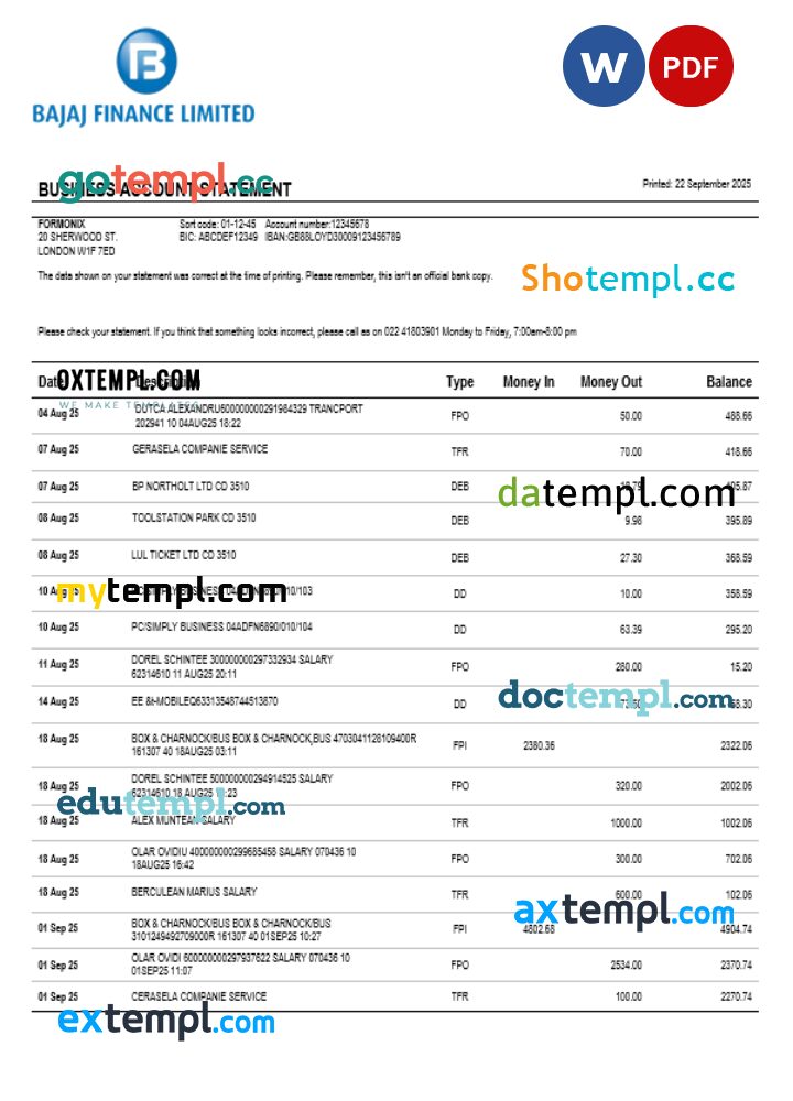 Bajaj Finance Limited business firm account bank statement Word and PDF format Bajaj Finance Limited business firm account bank statement Word and PDF format