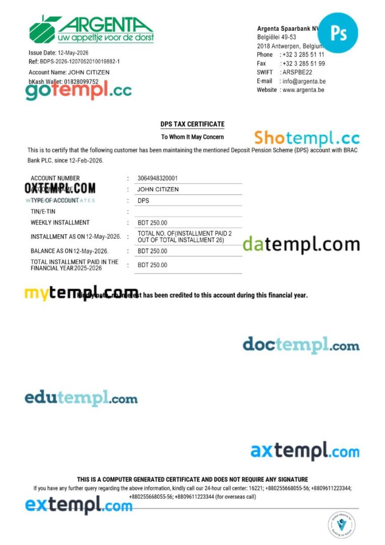 Belgium Argenta bank tax certificate template in Word and PDF formats Belgium Argenta bank tax certificate template in Word and PDF formats