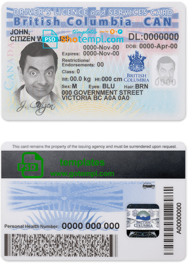 Canadian province British Columbia driver license download example in PSD format