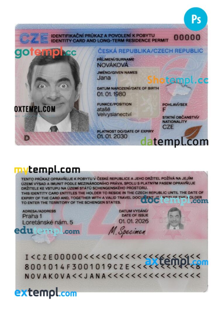 Czech ID card and long-term residence permit PSD template, 2026-present Czech ID card and long-term residence permit PSD template, 2026-present