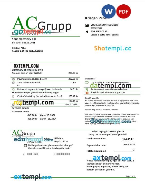 Estonia AC Grupp electricity utility bill in Word and PDF format Estonia AC Grupp electricity utility bill in Word and PDF format