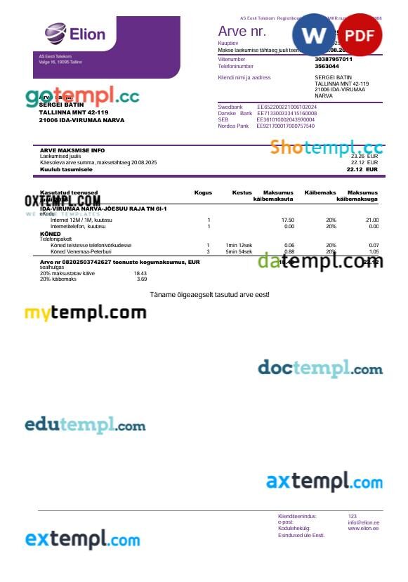 Estonia Elion (AS Eesti Telekom) telecom utility bill in Word and PDF format Estonia Elion (AS Eesti Telekom) telecom utility bill in Word and PDF format
