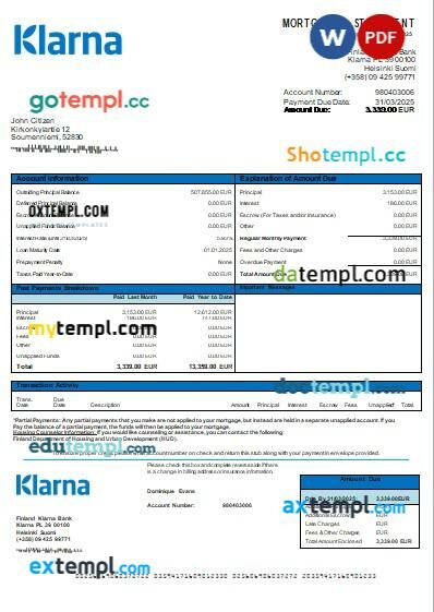 Finland Klarna Bank mortgage statement, editable template in PDF and Word Finland Klarna Bank mortgage statement, editable template in PDF and Word