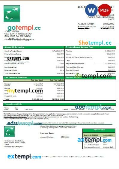 France BNP bank mortgage statement, editable template in PDF and Word France BNP bank mortgage statement, editable template in PDF and Word