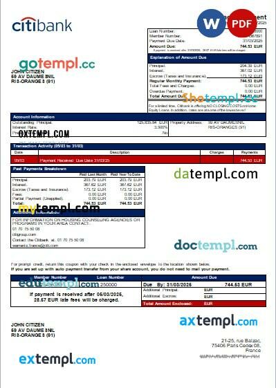 France Citibank bank mortgage statement, editable template in PDF and Word France Citibank bank mortgage statement, editable template in PDF and Word