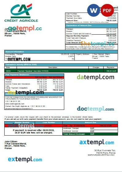 France Credite Agricole Bank mortgage statement, editable template in PDF and Word France Credite Agricole Bank mortgage statement, editable template in PDF and Word