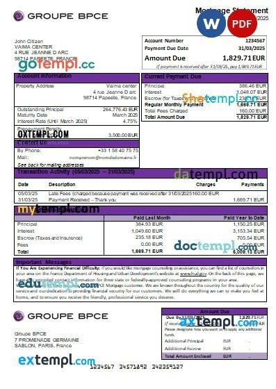 France Groupe BPCE bank mortgage statement, editable template in PDF and Word France Groupe BPCE bank mortgage statement, editable template in PDF and Word