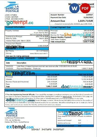 France La Banque Postale bank mortgage statement, editable template in PDF and Word France La Banque Postale bank mortgage statement, editable template in PDF and Word