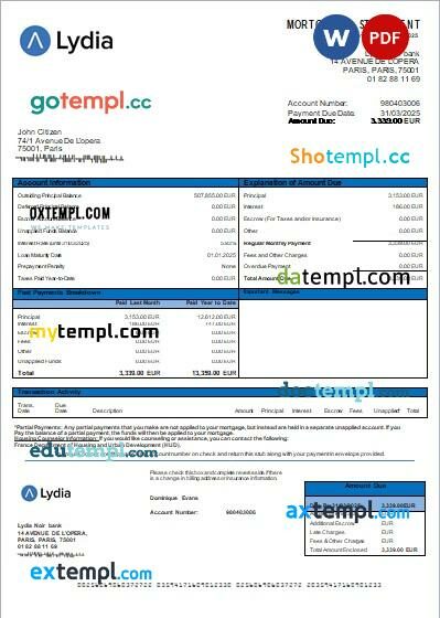 France Lydia Noir bank mortgage statement, editable template in PDF and Word France Lydia Noir bank mortgage statement, editable template in PDF and Word