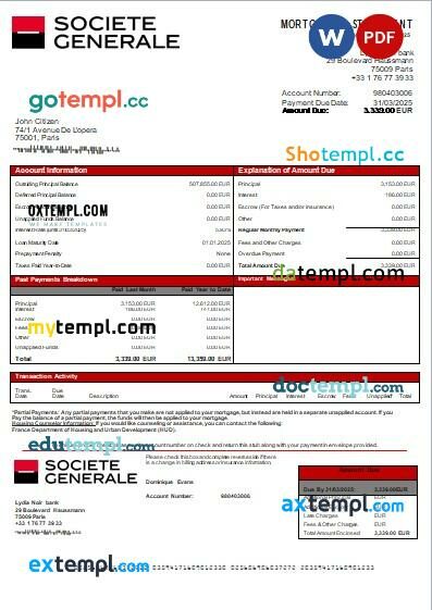 France Société Générale bank mortgage statement, editable template in PDF and Word France Société Générale bank mortgage statement, editable template in PDF and Word
