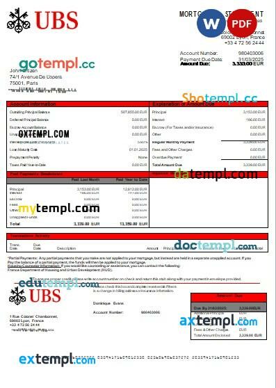 France UBS bank mortgage statement, editable template in PDF and Word France UBS bank mortgage statement, editable template in PDF and Word