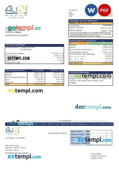 Gabon Alios Finance bank mortgage statement, editable template in PDF and Word Gabon Alios Finance bank mortgage statement, editable template in PDF and Word