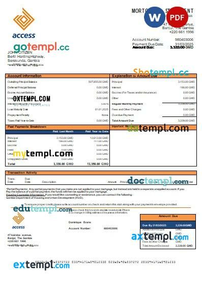 Gambia Access bank mortgage statement, editable template in PDF and Word Gambia Access bank mortgage statement, editable template in PDF and Word