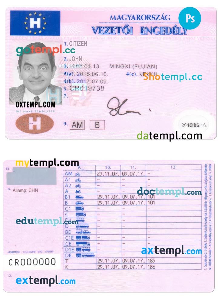 Hungarian driver license download example in PSD format, fully editable
