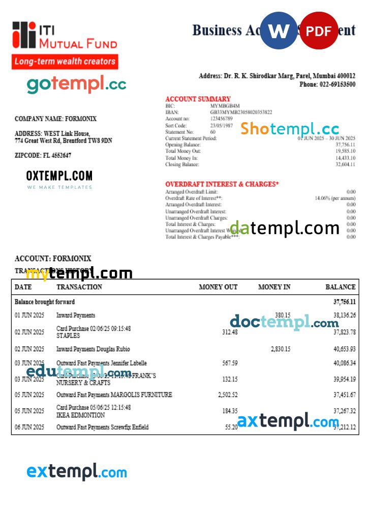 ITI Mutual Funds business bank company statement Word and PDF format
