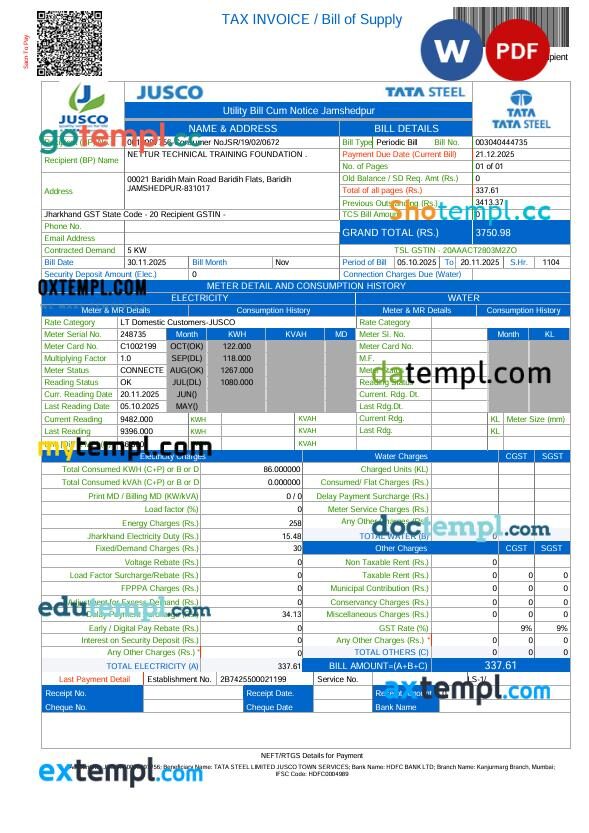 India JUSCO Tata Steel utility bill in Word and PDF format India JUSCO Tata Steel utility bill in Word and PDF format