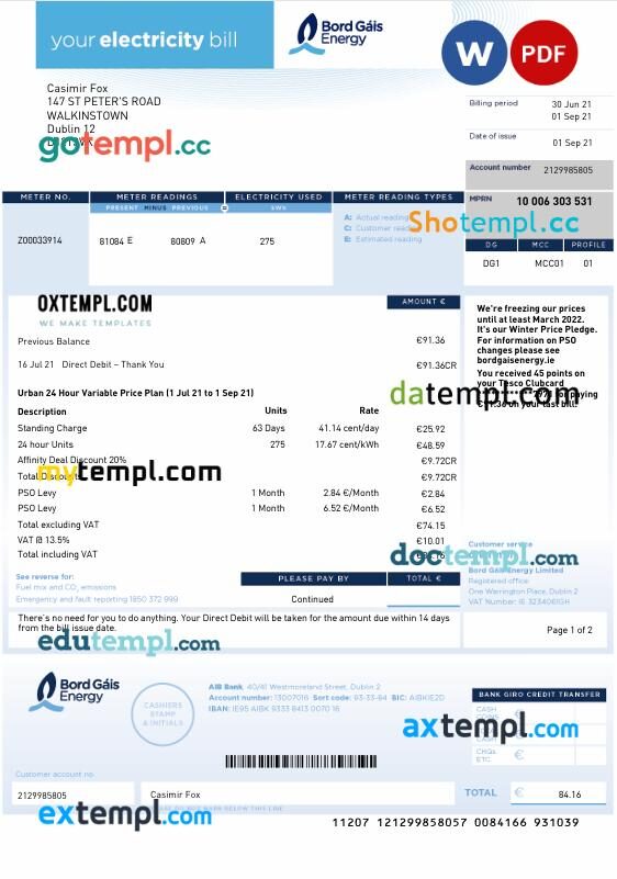 Ireland Bord Gáis Energy electricity utility bill in Word and PDF format Ireland Bord Gáis Energy electricity utility bill in Word and PDF format