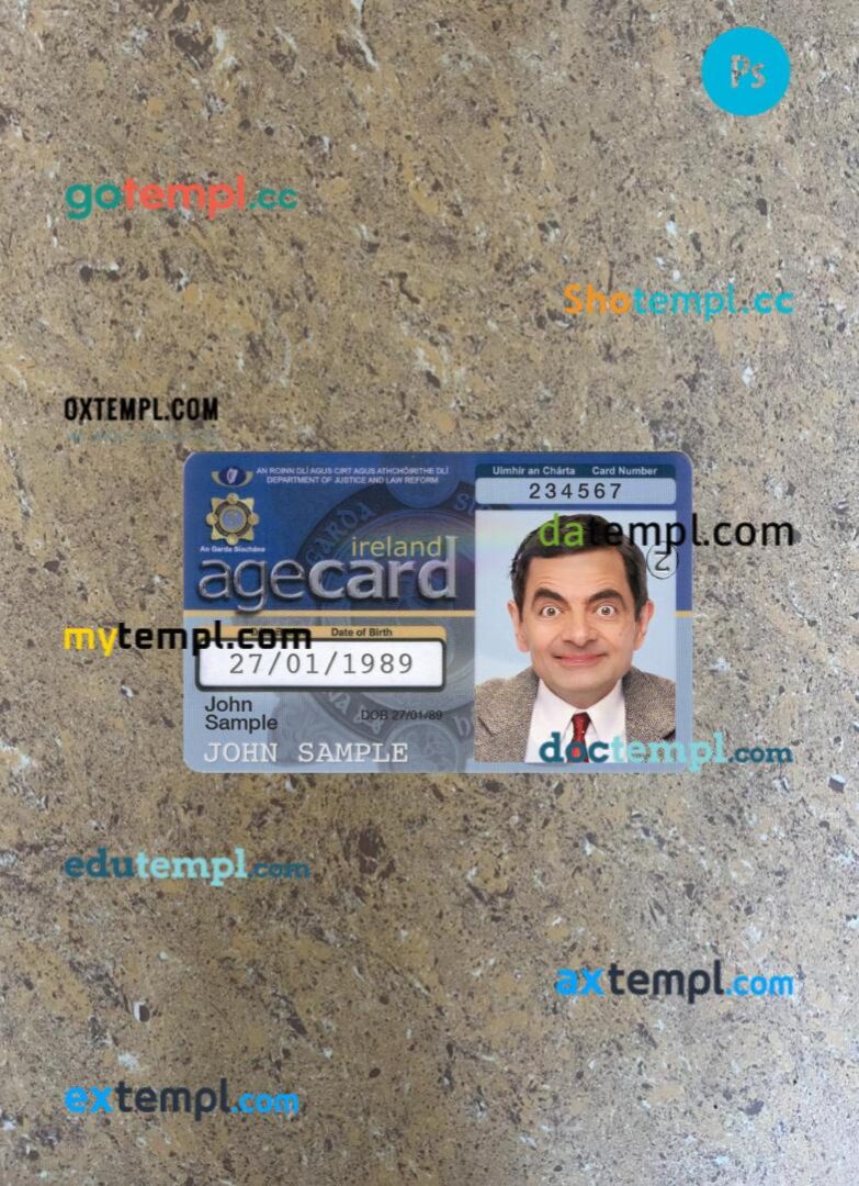 Ireland age card (proof of age) PSD files, scan and photo taken image, 2 in 1 Ireland age card (proof of age) PSD files, scan and photo taken image, 2 in 1
