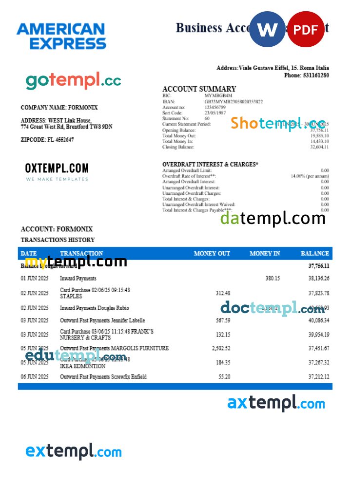 Italian American Express Amex company checking account statement Word and PDF template